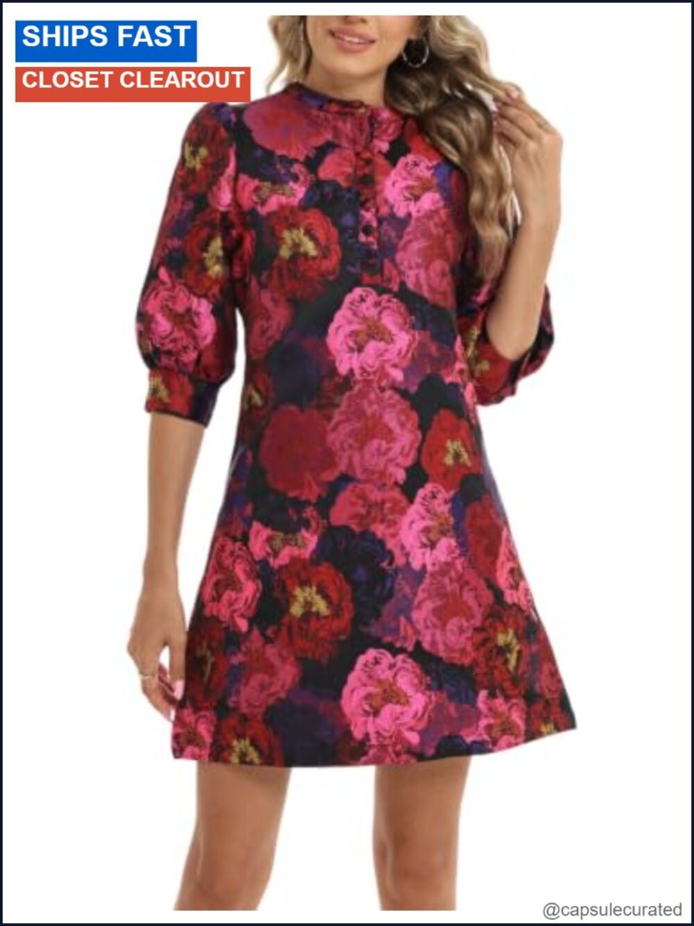 Women's Jacquard Floral Cocktail Button Down Mini Shift Dress
